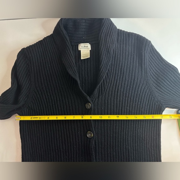 LL Bean Womens Large Cardigan 100% Merino Wool Sweater Collar Shawl Black Pocket - Picture 8 of 10